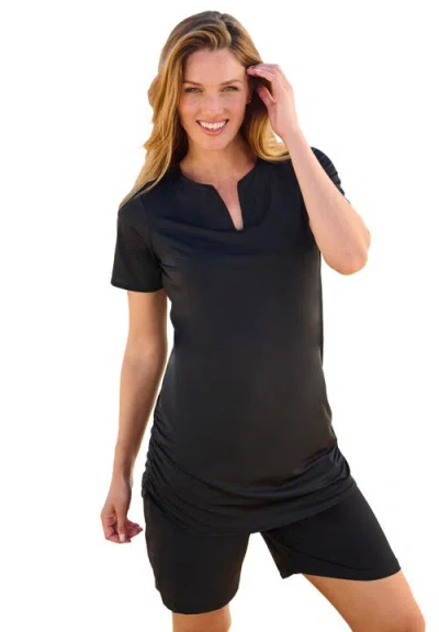 Swim 365 Split-neck Short Sleeve Swim Tee With Built-in Bra In Black