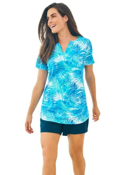 Swim 365 Split-neck Short Sleeve Swim Tee With Built-in Bra In Blue