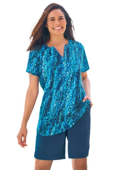 Swim 365 Split-neck Short Sleeve Swim Tee With Built-in Bra In Blue