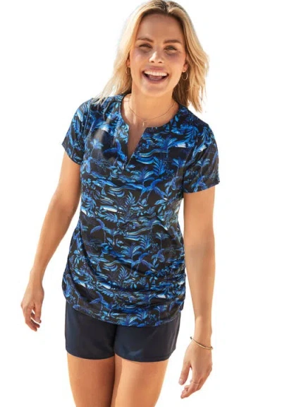 Swim 365 Split-neck Short Sleeve Swim Tee With Built-in Bra In Blue