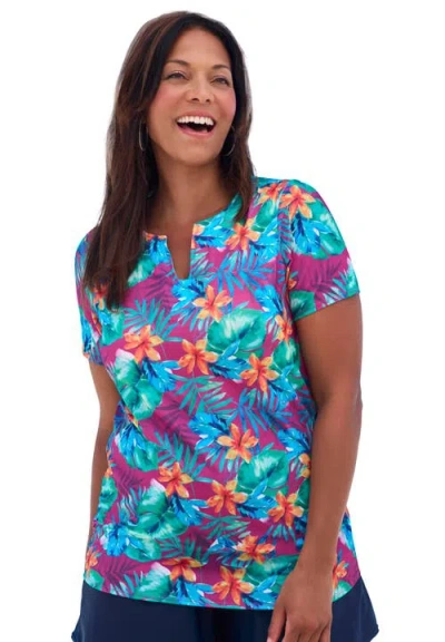 Swim 365 Split-neck Short Sleeve Swim Tee With Built-in Bra In Multi