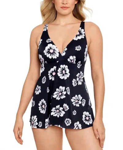 Swim Solutions Flyaway Tummy-control Swimdress In Pick Me In Black