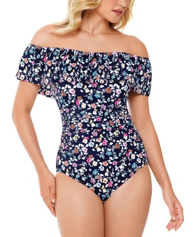 Swim Solutions Off The Shoulder Tummy Control One Piece Swimsuit In Vintage Ditsy Navy In Multi