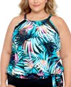 Swim Solutions Plus Size Printed High Neck Tie-waist Tankini Top, Created For Macy's In Fiesta Fronds