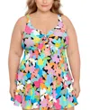 Swim Solutions Plus Size Tummy Control Bow-front Printed Swimdress, Created For Macy's In Floral Frenzy