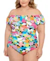 Swim Solutions Plus Size Tummy Control Off-the-shoulder Ruffled Swimsuit, Created For Macy's In Floral Frenzy
