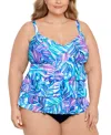 Swim Solutions Plus Size Tummy Control Printed Fauxkini One-piece Swimsuit, Created For Macy's In Dancing Palm