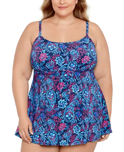 Swim Solutions Plus Size Tummy Control Printed Tie-waist Swim Dress, Created For Macy's In Spring Fling