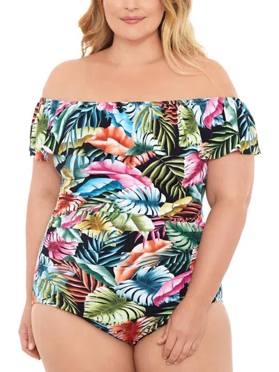 Swim Solutions Plus Womens Off-the-shoulder Printed One-piece Swimsuit In Multi
