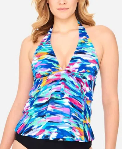 Swim Solutions Ruffled Halter Neck Tankini In Winning Streak Multi In Blue