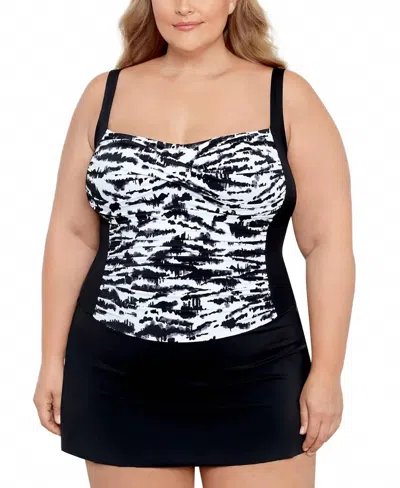 Swim Solutions Tummy Control Swimdress In Black And White In Multi