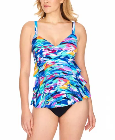 Swim Solutions Winning Streak Tiered Tummy Control One Piece Swimsuit In Winning Streak Multi In Blue