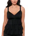 SWIM SOLUTIONS WOMEN'S BLACK SWAN TIERED-RUFFLE TANKINI TOP, CREATED FOR MACY'S