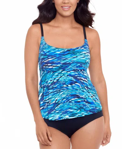 Swim Solutions Women's Printed Tiered Tummy-control One-piece Swimsuit In Blue