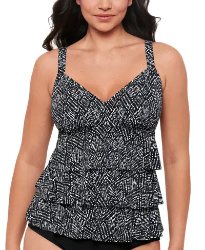 Swim Solutions Women's Printed Triple Tier Tankini Top In Black,white