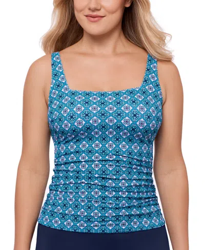 Swim Solutions Women's Printed Tummy-control Tankini Top, Exclusively At Macy's In Tile Together