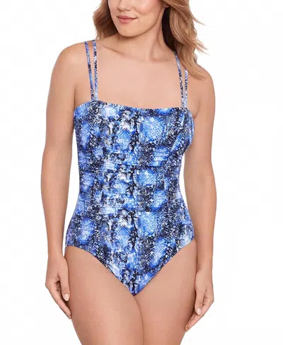 Swim Solutions Women's Shirred Snakeskin-print One Piece Swimsuit In Dark Blue