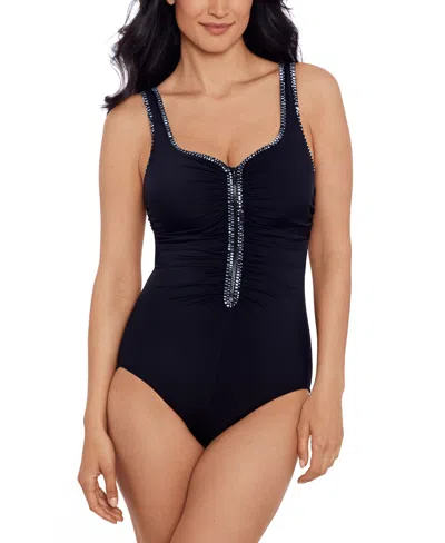 Swim Solutions Women's Shirred Zip-front One-piece Swimsuit In Black,white