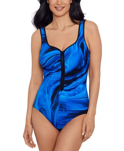 Swim Solutions Women's Shirred Zip-front One-piece Swimsuit In Blue