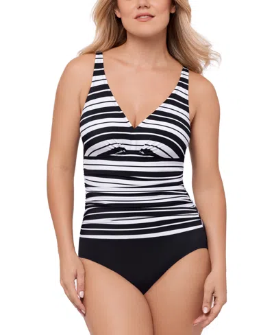 Swim Solutions Women's Striped Tummy-control One-piece Swimsuit, Exclusively At Macy's In Space Between