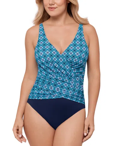 Swim Solutions Women's Surplice Tummy-control One-piece Swimsuit, Exclusively At Macy's In Tile Together