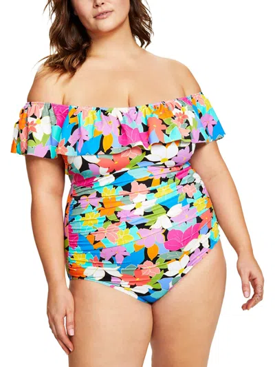 Swim Solutions Womens Off-the-shoulder Floral Print One-piece Swimsuit In Multi