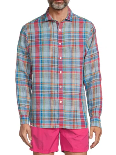 Swims Men's Amalfi Plaid Linen Sport Shirt In Blue Multi