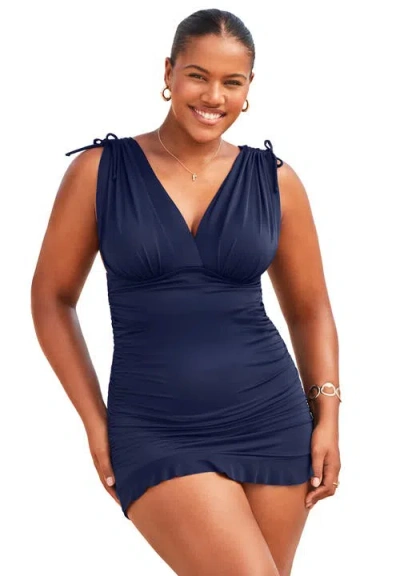 Swimsuits For All Adjustable Ruched Swimdress In Blue