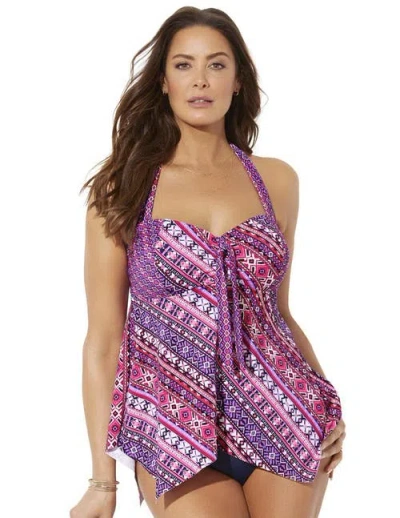 Swimsuits For All Bow Handkerchief Halter Tankini Top In Purple