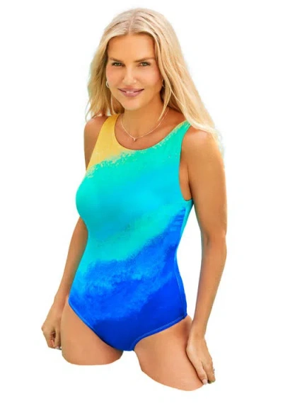 Swimsuits For All Chlorine Resistant High Neck One Piece Swimsuit In Blue