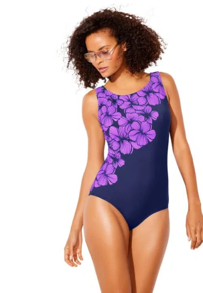 Swimsuits For All Chlorine Resistant High Neck Tummy Control One Piece Swimsuit In Blue