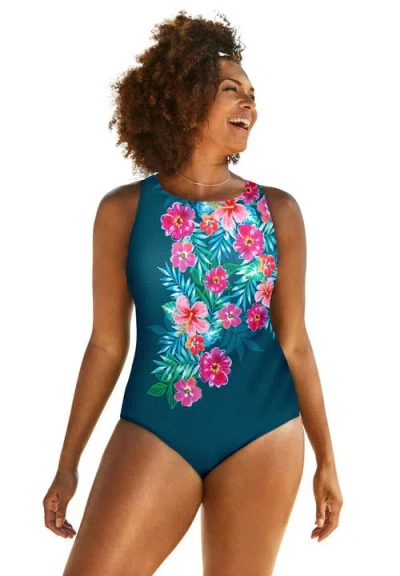 Swimsuits For All Chlorine Resistant High Neck Tummy Control One Piece Swimsuit In Green