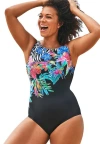 Swimsuits For All Chlorine Resistant High Neck Tummy Control One Piece Swimsuit In Multi