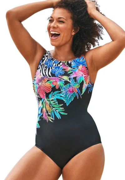 Swimsuits For All Chlorine Resistant High Neck Tummy Control One Piece Swimsuit In Multi