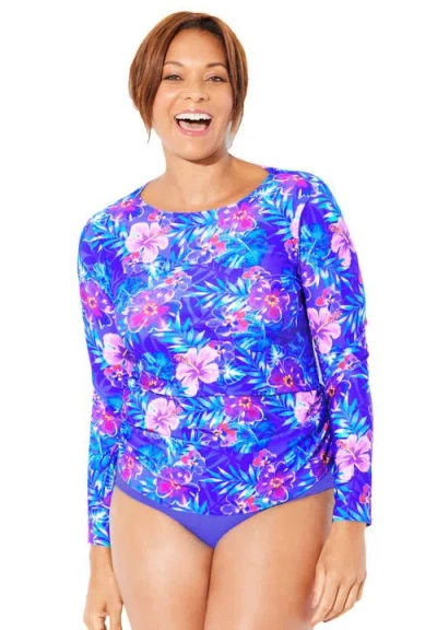 Swimsuits For All Chlorine Resistant Side-tie Adjustable Long Sleeve Swim Tee In Blue