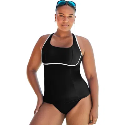 Swimsuits For All Chlorine Resistant Square Neck Contrast Trim Tankini Top In Black