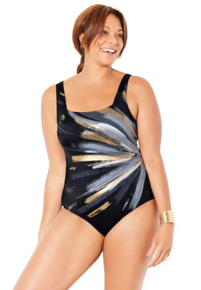 Swimsuits For All Chlorine Resistant Square Neck Tummy Control One Piece Swimsuit In Black