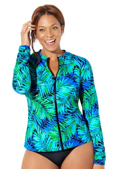 Swimsuits For All Chlorine Resistant Zip Up Swim Shirt Rash Guard In Blue
