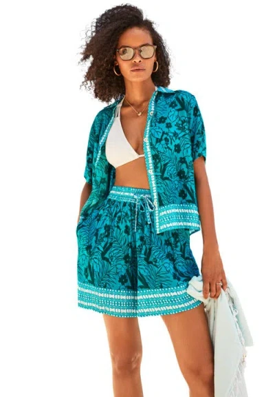 Swimsuits For All Cropped Button-front Beach Cover Up Shirt In Green