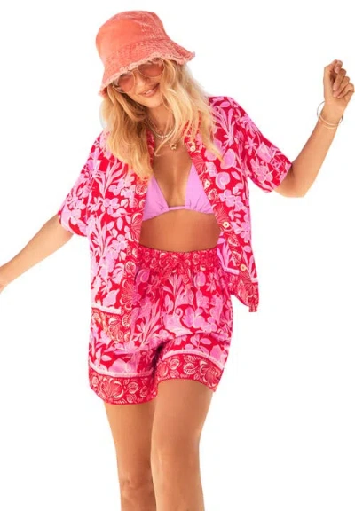 Swimsuits For All Cropped Button-front Beach Cover Up Shirt In Pink