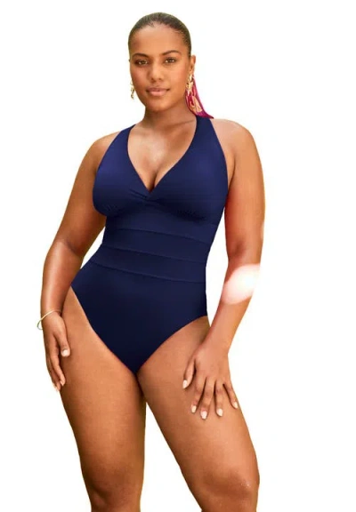 Swimsuits For All Crossback V-neck One Piece Swimsuit In Blue