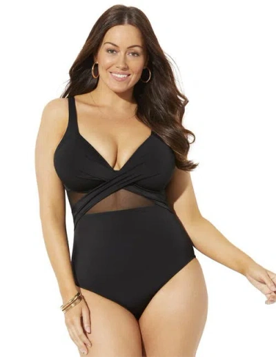 Swimsuits For All Cut Out Mesh Underwire One Piece Swimsuit In Black