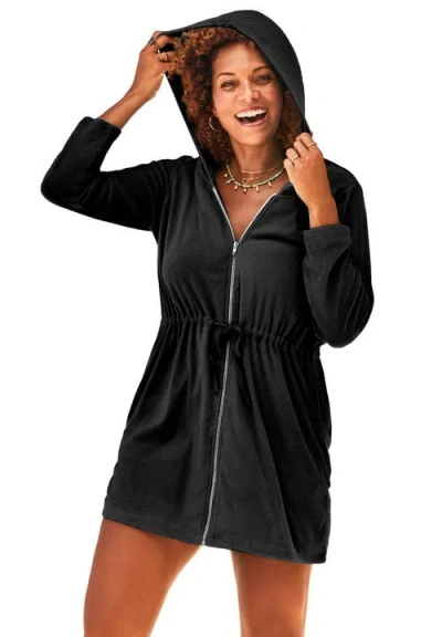 Swimsuits For All French Terry Tie Waist Hoodie Cover Up In Black