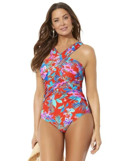 Swimsuits For All High Neck Wrap One Piece Swimsuit In Red