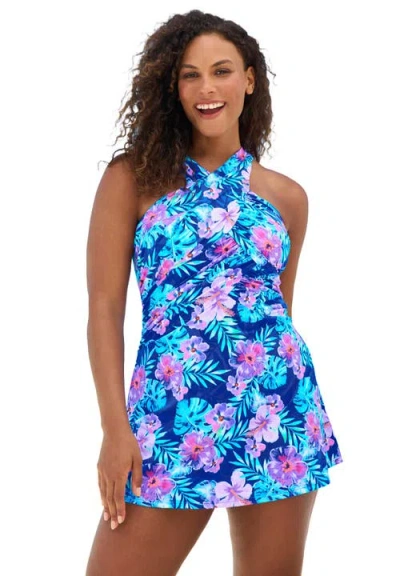Swimsuits For All High Neck Wrap Swimdress In Blue