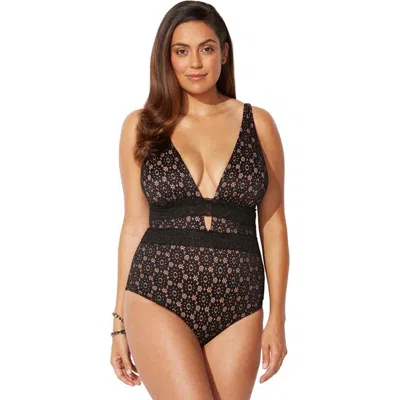 Swimsuits For All Lace Plunge One Piece Swimsuit In Black