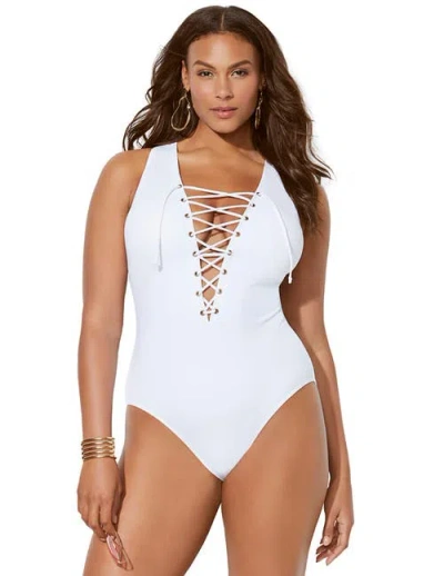 Swimsuits For All Lace Up One Piece Swimsuit In White