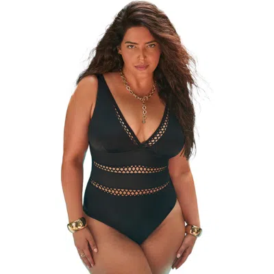 Swimsuits For All Lattice Plunge One Piece Swimsuit In Black