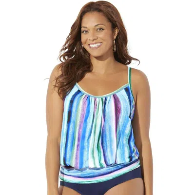 Swimsuits For All Lightweight Scoop Neck Blouson Tankini Top In Multi