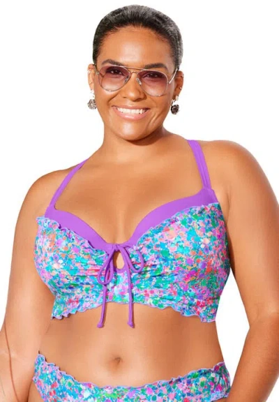Swimsuits For All Longline Bra Sized Lettuce Trim Bikini Top In Multi